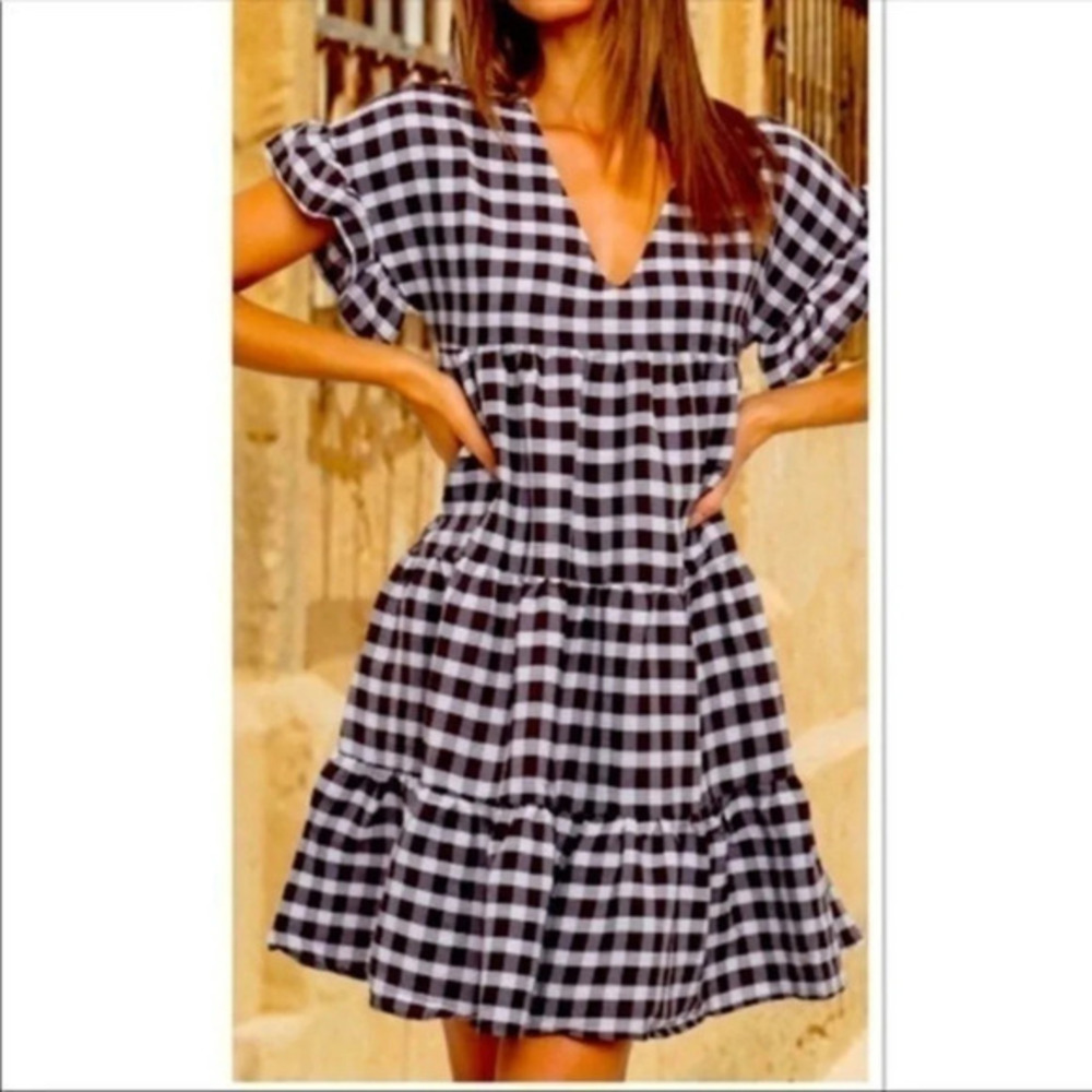 Black White Gingham Ruffle Dress Casual Summer NWT